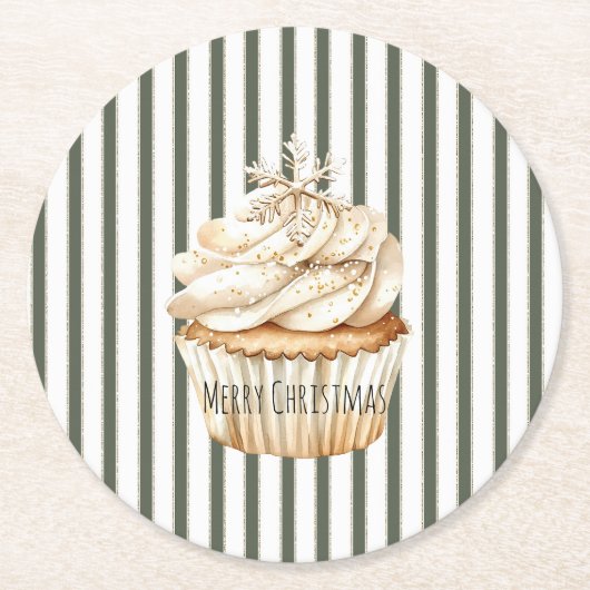 Olive Cream Stripes Snowflake Cupcake Christmas Runder Pappuntersetzer (Vorderseite)