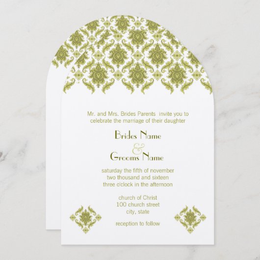 Olive Damask Hochzeitseinladung Einladung (Vorne/Hinten)