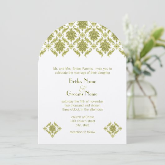 Olive Damask Hochzeitseinladung Einladung (Stehend Vorderseite)