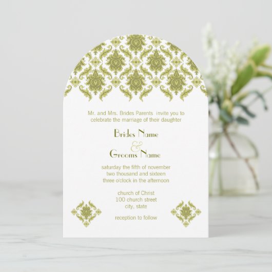 Olive Damask Hochzeitseinladung Einladung (Stehend Vorderseite)