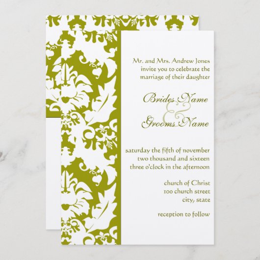 Olive Damask Hochzeitseinladungen Einladung (Vorne/Hinten)