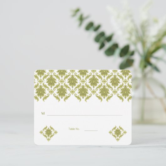 Olive Damask Hochzeitstisch-Platzkarten in großer Einladung (Stehend Vorderseite)
