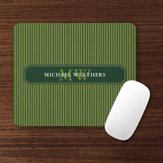 Olive & Dark Green Stripes Your Name and Initials Mousepad