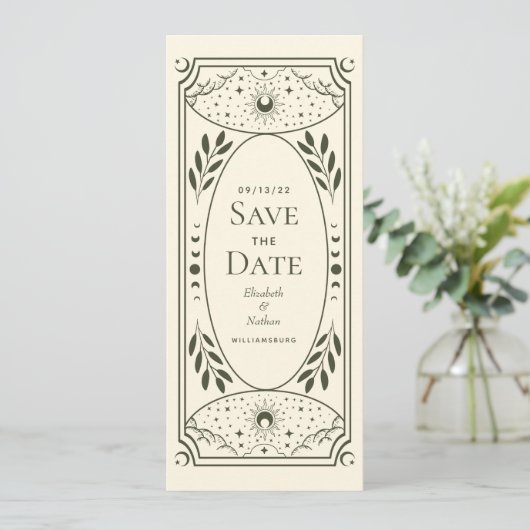 Olive Elegante Mystical Tarot Card Save the Date Einladung (Stehend Vorderseite)