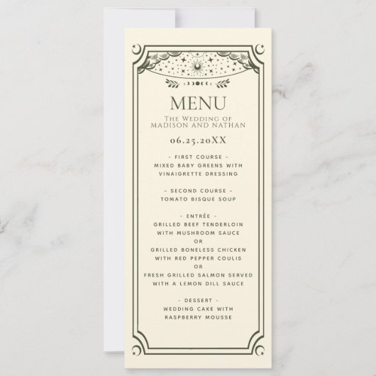 Olive Elegante Tarot Card Wedding Menu Einladung (Vorderseite)
