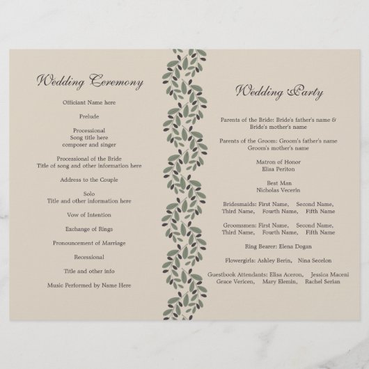 Olive Farm Garland und Kranz Hochzeitsprogramm (Rückseite)