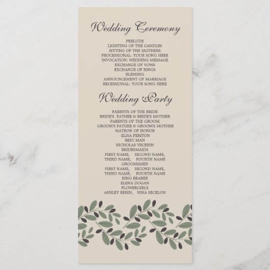 Olive Farm Garland und Kranz Hochzeitsprogramm Programm (Rückseite)