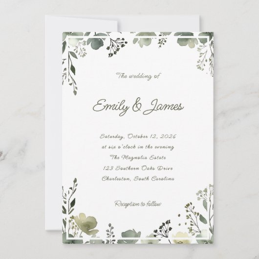 Olive Floral Wedding Einladung (Vorderseite)