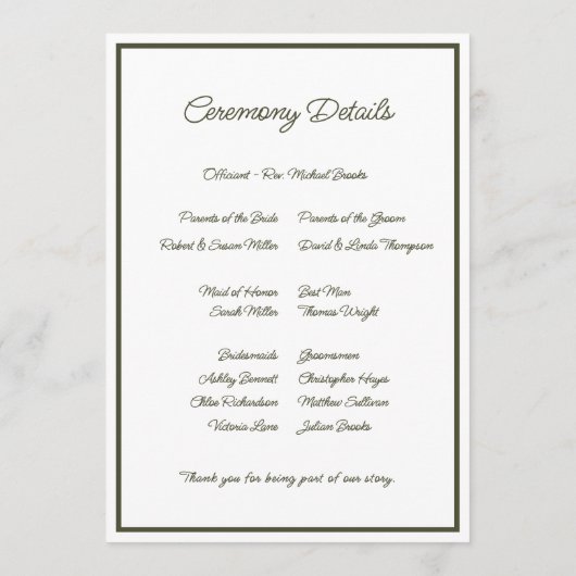 Olive Floral Wedding Programm (Rückseite)