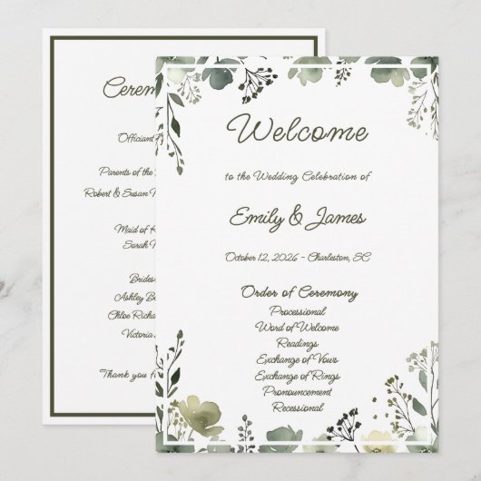 Olive Floral Wedding Programm (Vorne/Hinten)