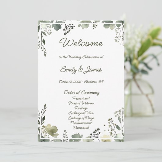 Olive Floral Wedding Programm (Stehend Vorderseite)