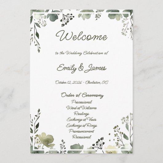 Olive Floral Wedding Programm (Vorderseite)