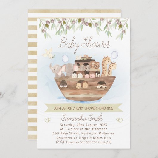 Olive Foliage Noah's Ark Boys Baby Shower Einladung (Vorne/Hinten)