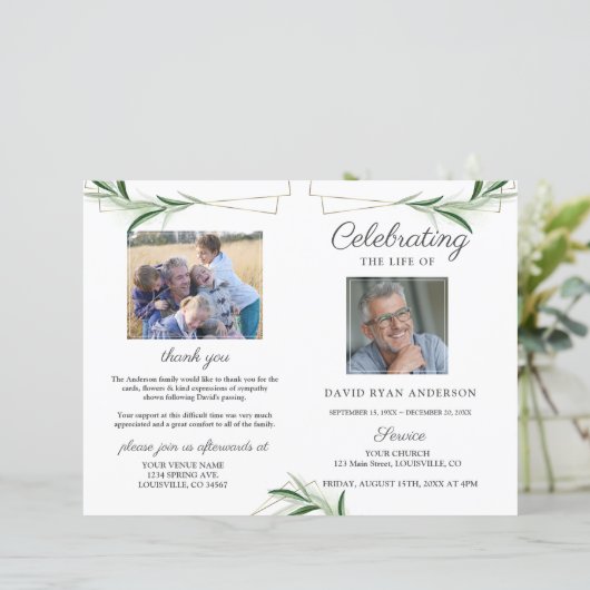 Olive Gold Order of Service Memorial Foto Program (Stehend Vorderseite)