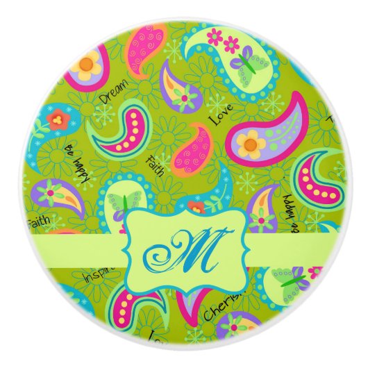 Olive Greeen Modern Paisley Monogram Initial Keramikknauf (Vorderseite)