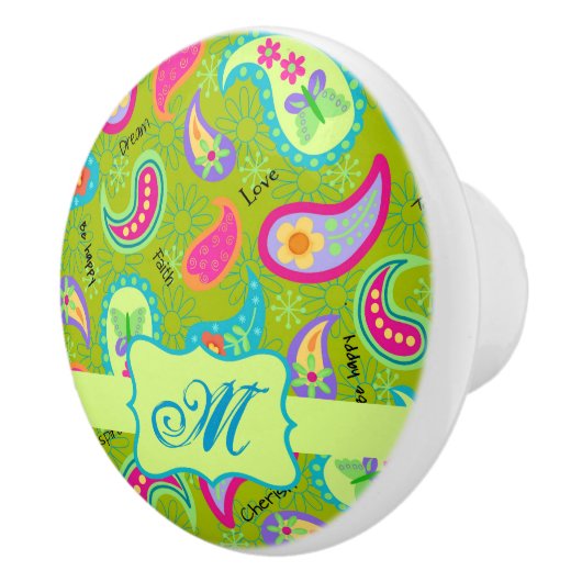 Olive Greeen Modern Paisley Monogram Initial Keramikknauf (Rechts)