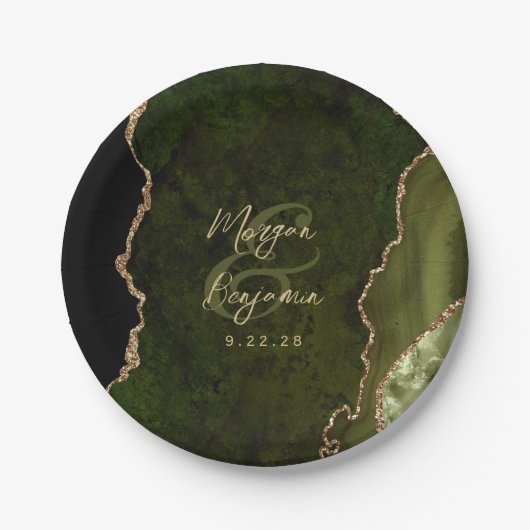 Olive Green Agate Gold Script Wedding Pappteller (Vorderseite)