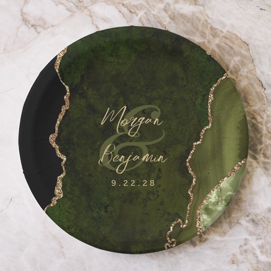 Olive Green Agate Gold Script Wedding Pappteller