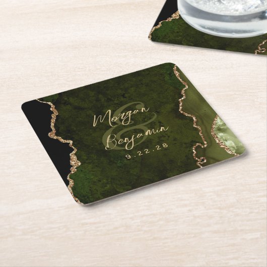 Olive Green Agate Gold Script Wedding Rechteckiger Pappuntersetzer (angewinkelt)