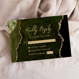 Olive Green Agate Gold Script Wedding RSVP Karte