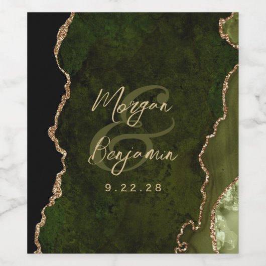 Olive Green Agate Gold Script Wedding Weinetikett (Einzelnes Label)
