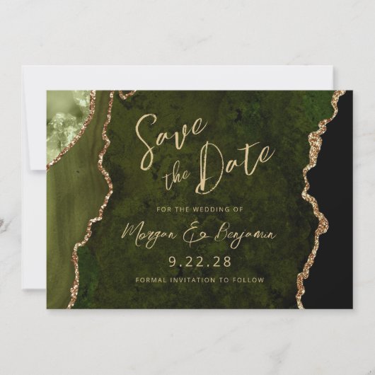 Olive Green Agate Script Wedding Save the Date (Vorderseite)