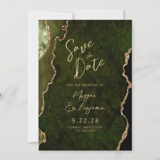 Olive Green Agate Script Wedding Save the Date Einladung (Vorderseite)