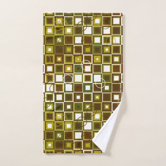 Olive Green and Brown Geometric Square Pattern Badhandtuch Set (Handtuch)