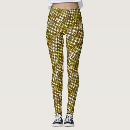 Olive Green and Brown Geometric Square Pattern Leggings (Vorderseite)