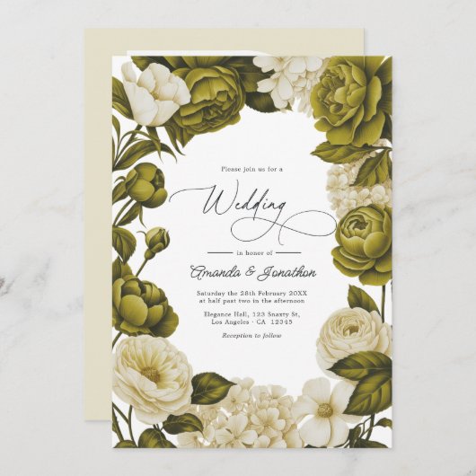Olive Green and Cream Watercolor Floral Wedding Einladung (Vorne/Hinten)