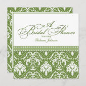 Olive Green and White Damask Brautparty Einladung (Vorne/Hinten)