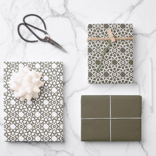 Olive Green Arabesque Design Geschenkpapier Set (Vorderseite)