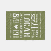 Olive Green Baby Boy Birth Stats Keepake Fleecedecke (Vorderseite (Horizontal))