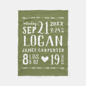 Olive Green Baby Boy Birth Stats Keepake Fleecedecke (Vorderseite)