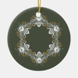Olive Green Bee Circle Keramik Ornament