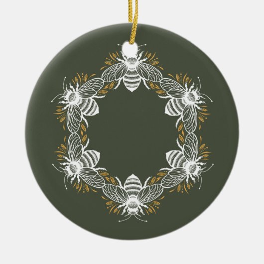 Olive Green Bee Circle Keramik Ornament (Vorne)