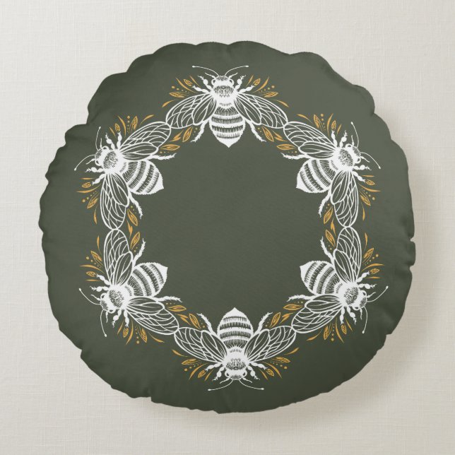 Olive Green Bee Circle Rundes Kissen (Vorderseite)