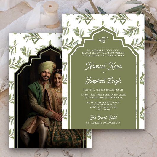 Olive Green Blätter Foto Anand Karaj Sikh Wedding Einladung
