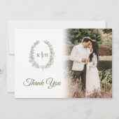 Olive green Blätter Monogramm Hochzeit Foto QR Cod Dankeskarte (Vorderseite)