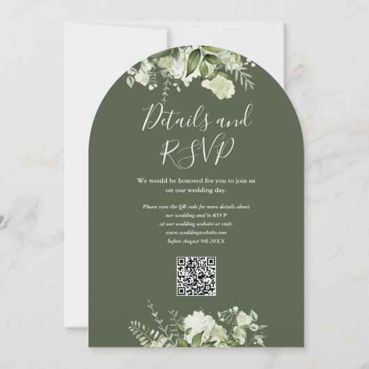 Olive Green Blumengrün QR Code Wedding Arch Einladung (Rückseite)