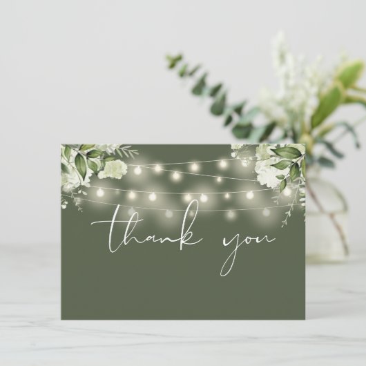 Olive Green Blumengrün String Lights Dankeskarte (Stehend Vorderseite)