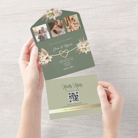 Olive Green Boho Foto Wedding All In One Einladung (Abreißen)