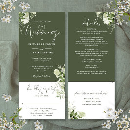 Olive Green Botanical Floral All in one Wedding Einladung