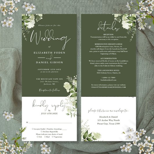 Olive Green Botanical Floral All in one Wedding Einladung