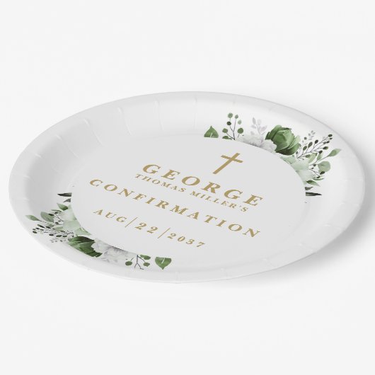 Olive Green Botanical Modern Confirmation Pappteller (Schrägansicht)