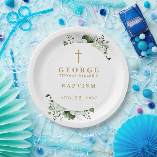 Olive Green Botanical Modern Taufe Pappteller (Party)