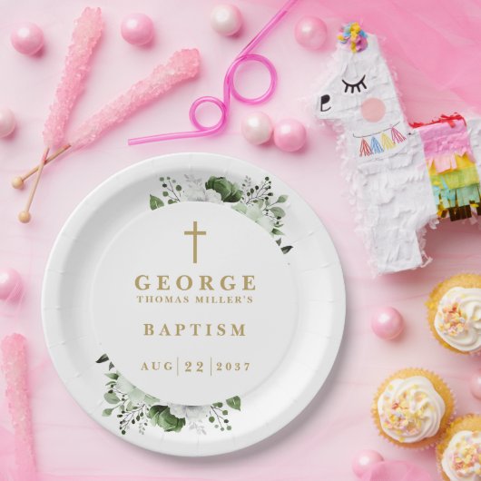 Olive Green Botanical Modern Taufe Pappteller (Party)