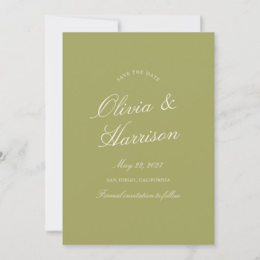 Olive Green Calligraphy Wedding Save The Date Card Einladung (Vorderseite)