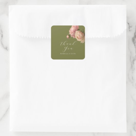 Olive Green | Chic Blush Script-Rose Hochzeit Quadratischer Aufkleber (Tasche)