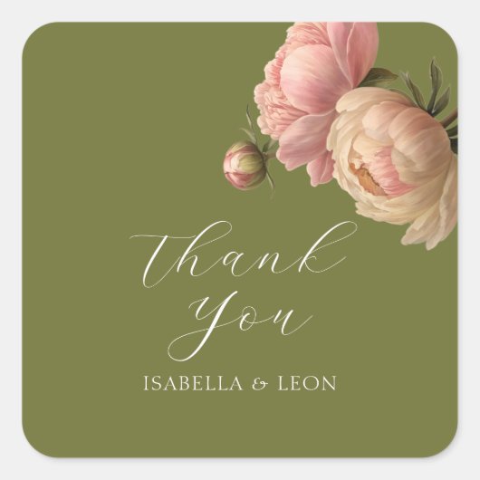 Olive Green | Chic Blush Script-Rose Hochzeit Quadratischer Aufkleber (Vorderseite)
